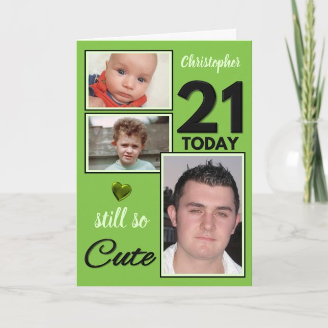 Carte 21e anniversaire encore si jolies photos vert et n (Devant)