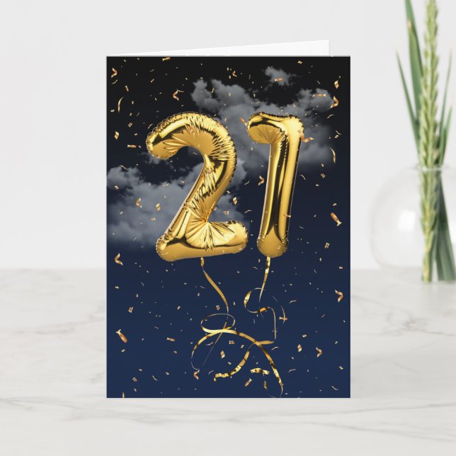 Carte 21e Anniversaire Gold Mylar Balloon et Confetti Ca (Devant)