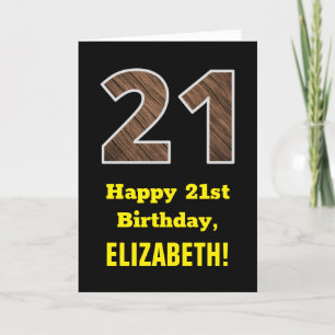Carte 21e anniversaire : Nom, Motif Faux Wood Grain "21"