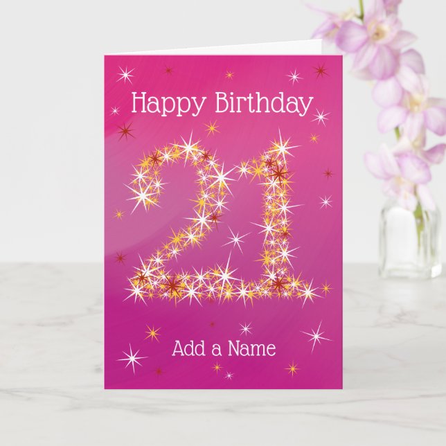 Carte 21e anniversaire - Numéro 21 en étoiles rose viole (Orchidée)