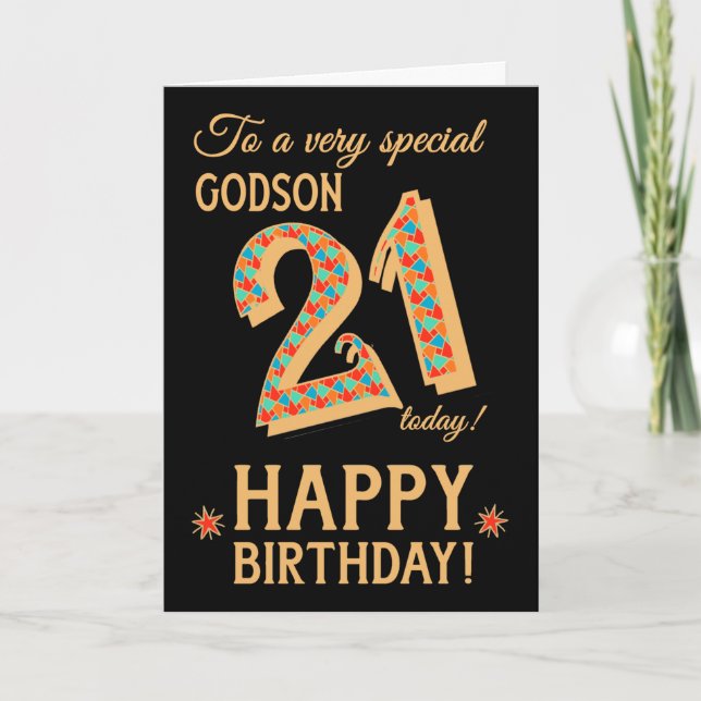 Carte 21e anniversaire, pour Godson, Effet or sur Noir (Devant)