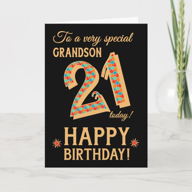 Carte 21e anniversaire, pour Grand-fils, effet or sur no (Devant)