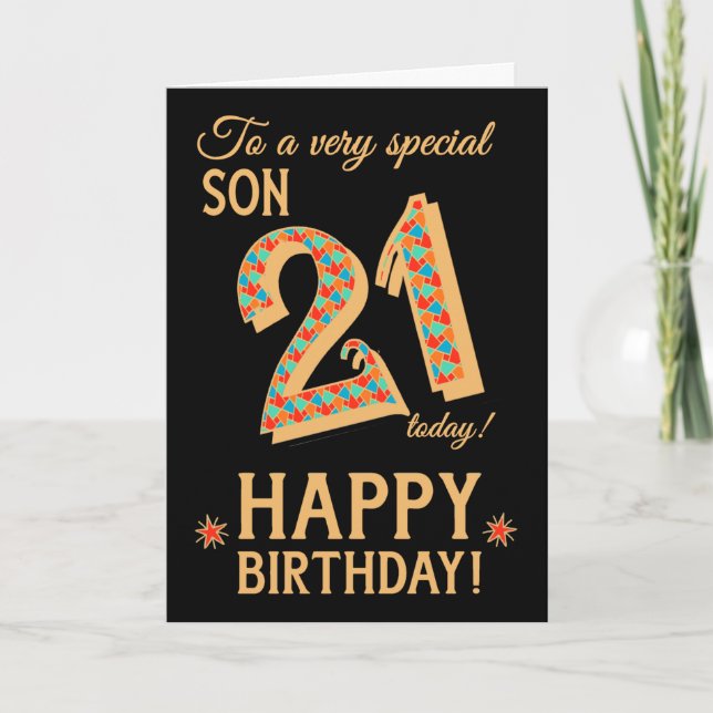 Carte 21e anniversaire, pour Son, Effet or sur Noir (Devant)