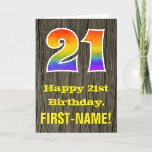 Carte 21e anniversaire : Rustic Faux Wood Look, Arc-en-c