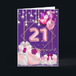 Carte 21e cordes lumières or rose cadeaux arcs anniversa<br><div class="desc">Célébrez votre 21e anniversaire avec ce design moderne et branché avec des lumières verticales suspendues en dessous qui est un cadre hexagone en or qui entoure les numéros vingt un. En-dessous, on trouve des arrosages de parties scintillant en argent qui reposent derrière de beaux cadeaux brillants qui ont été emballés...</div>