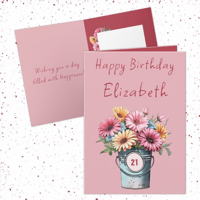 Carte 21e gerbera fleurs nom rose anniversaire (Créateur téléchargé)