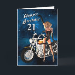 Carte 21st Birthday card with a motorbike<br><div class="desc">A girl posing with a big chopper,  a great birthday card for you to send</div>