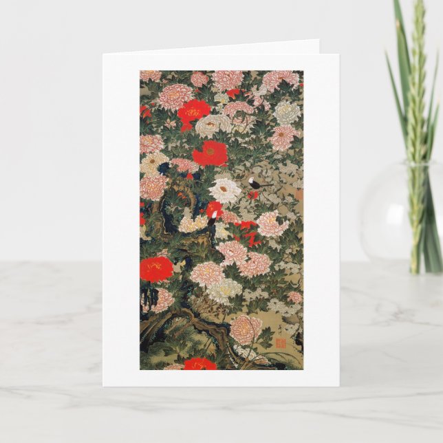 Carte 22. 牡丹小禽図, pivoines de 若冲 et petits oiseaux, (Devant)