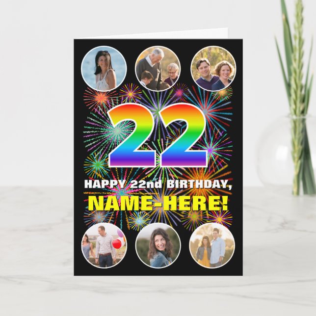 Carte 22e anniversaire : Arc en ciel amusant #, Nom pers (Devant)