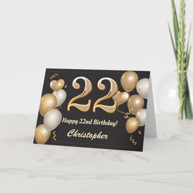 Carte 22e anniversaire Ballons Noir et Or Anniversaire (Devant)