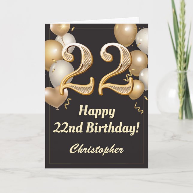 Carte 22e anniversaire Ballons Noir et Or Confetti (Devant)