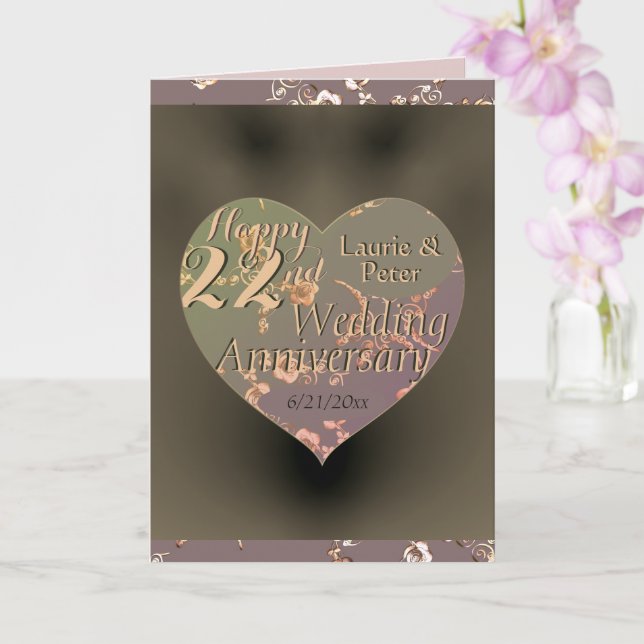 Carte 22e anniversaire de Mariage Coppery Heart Rose Car (Orchidée)