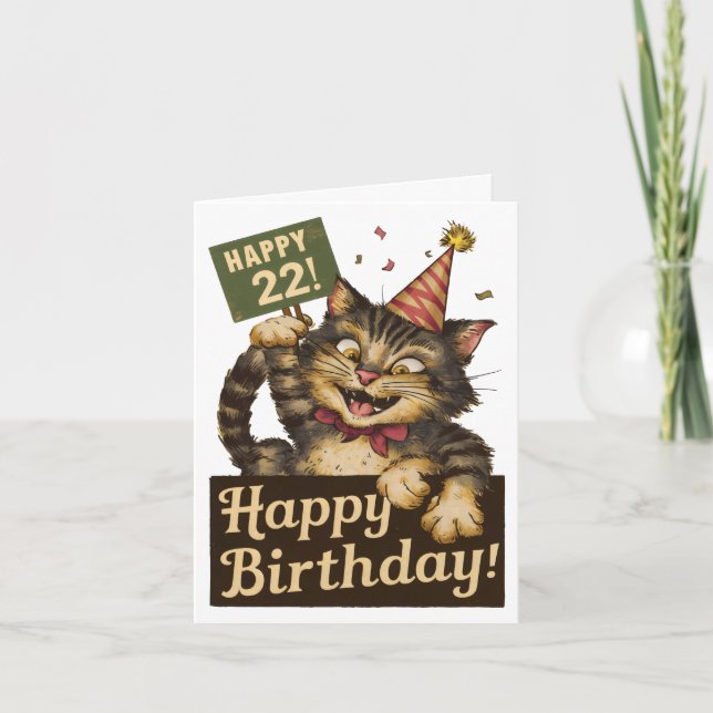 Carte 22e anniversaire mignon drôle chat vintage (Devant)