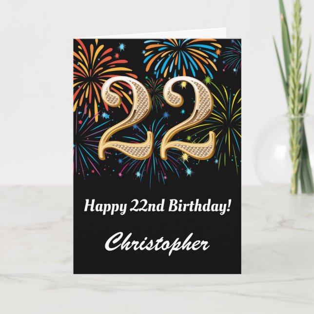 Carte 22e anniversaire Rainbow Fireworks noir et or (Devant)
