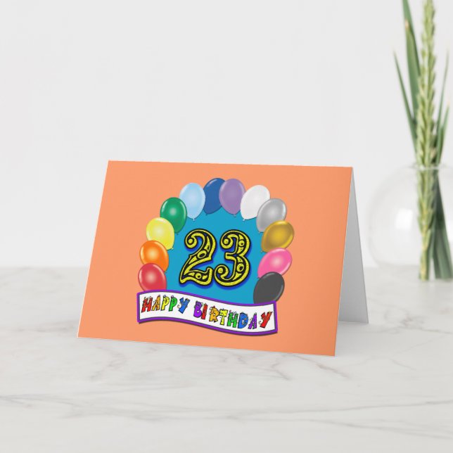 Carte 23e anniversaire cadeaux avec ballons assortis Con (Devant)