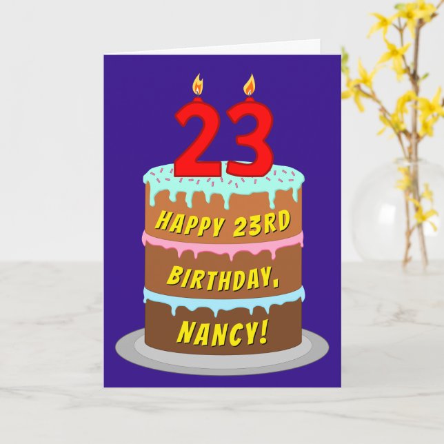 Carte 23e anniversaire : Gâteau et bougies amusants + No (Fleur jaune)