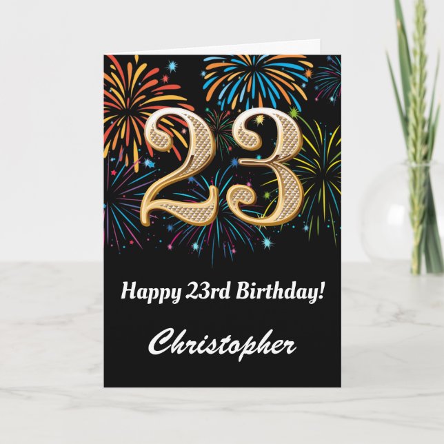 Carte 23e anniversaire Rainbow Fireworks noir et or (Devant)
