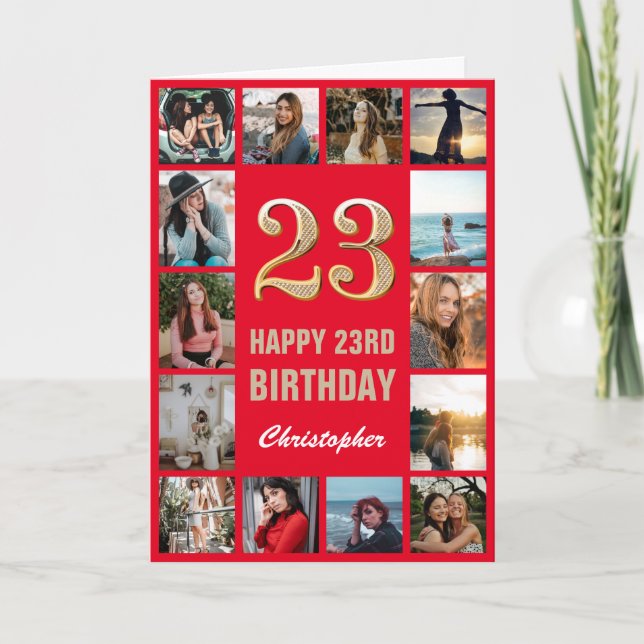 Carte 23e Joyeux Anniversaire Collage photo Rouge et Or (Devant)