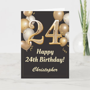 Carte 24e anniversaire Ballons Noir et Or Confetti