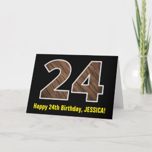 Carte 24e anniversaire : Nom + Faux Wood Grain Motif "24