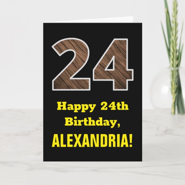 Carte 24e anniversaire : Nom, Motif Faux Wood Grain "24" (Devant)