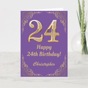 Carte 24e anniversaire Parties scintillant violet et or 