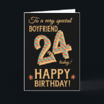 Carte 24e anniversaire, pour Boyfriend, Effet or sur Noi<br><div class="desc">Une carte d'anniversaire chic 24ème pour un Boyfriend très spécial, avec le numéro, 24, dans un motif en mosaïque brillante avec un contour à effet or et tout le texte en lettrage à effet or (c'est-à-dire pas de peinture métallique). Une étoile rouge et dorée se trouve à côté du "Joyeux...</div>