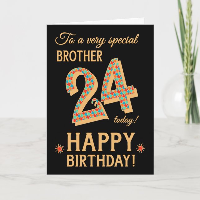 Carte 24e anniversaire, pour Frère, Effet or sur Noir (Devant)