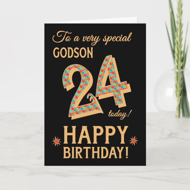 Carte 24e anniversaire, pour Godson, Effet or sur Noir (Devant)