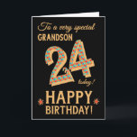 Carte 24e anniversaire, pour Grandson, Effet or sur Noir<br><div class="desc">Une carte d'anniversaire chic 24th pour un Grandson très spécial, avec le numéro, 24, dans un motif en mosaïque brillante avec un contour à effet or et tout le texte en lettrage à effet or (c'est-à-dire pas de peinture métallique). Une étoile rouge et dorée se trouve à côté du "Joyeux...</div>
