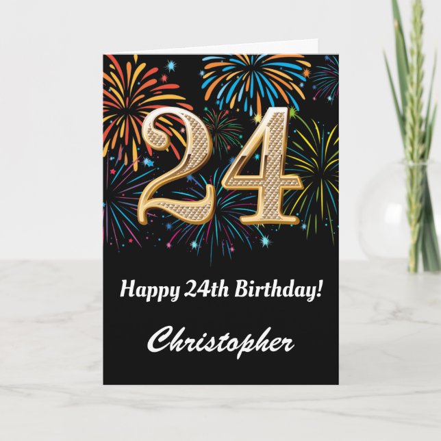 Carte 24e anniversaire Rainbow Fireworks noir et or (Devant)