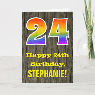 Carte 24e anniversaire : Rustic Faux Wood Look, Arc-en-c