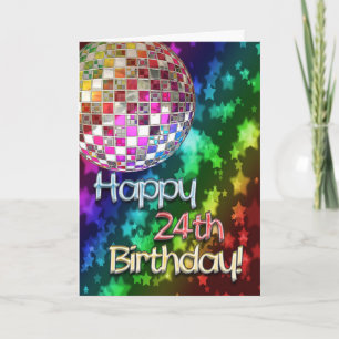 Carte 24ème anniversaire avec boule disco et arc-en-ciel