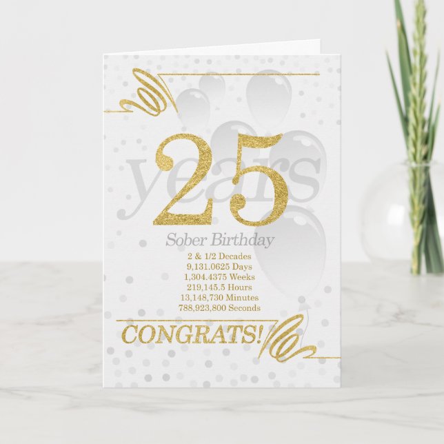 Carte 25 ans Sober Anniversaire Faux Gold Parties scinti (Devant)