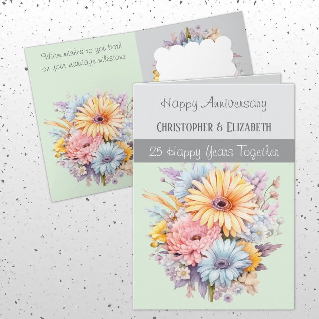 Carte 25e anniversaire d'argent fleurs gris vert (Créateur téléchargé)