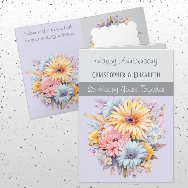 Carte 25e anniversaire d'argent fleurs gris violet (Créateur téléchargé)