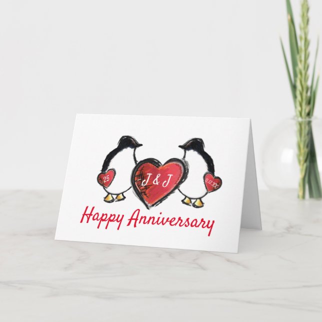 Carte 25e anniversaire de mariage de rubis pingouin (Devant)