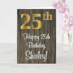 Carte 25e Anniversaire : Élégant aspect or faux, bois fa