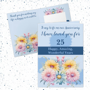 Carte 25e Anniversaire femme gerbera floral bleu