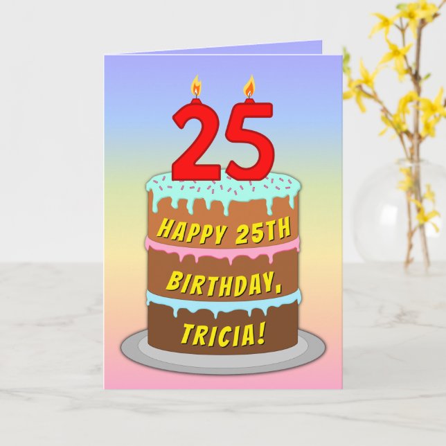 Carte 25e anniversaire — Fun Cake & Candles, avec nom pe (Fleur jaune)