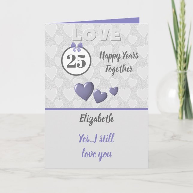 Carte 25e anniversaire mariage Argent 25 ans violet (Devant)