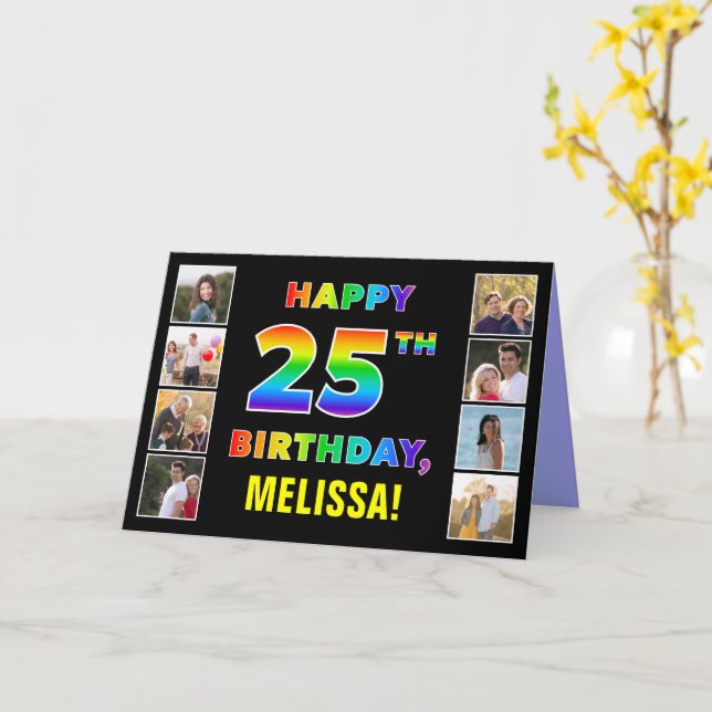 Carte 25e anniversaire : Rainbow Text, Custom Photos & N (Fleur jaune)