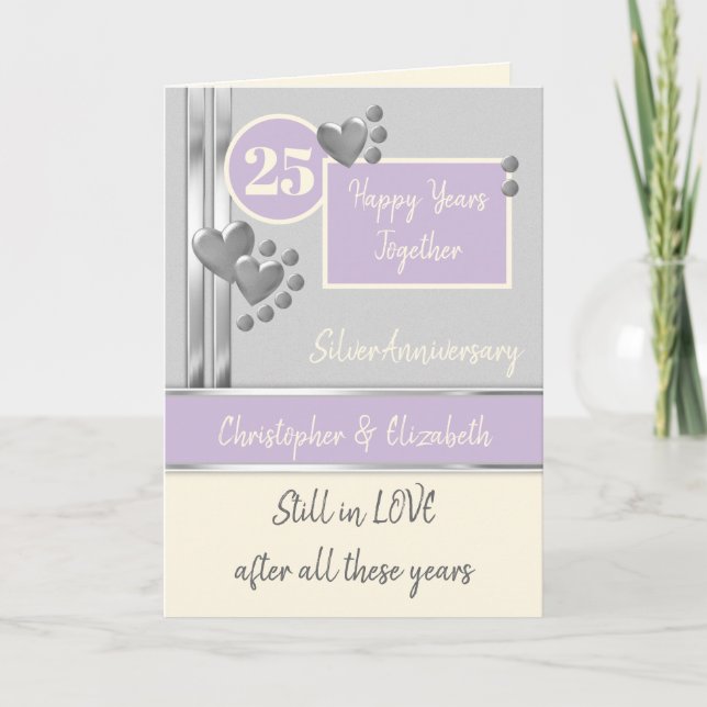 Carte 25e anniversaire Silver 25 ans crème violette (Devant)