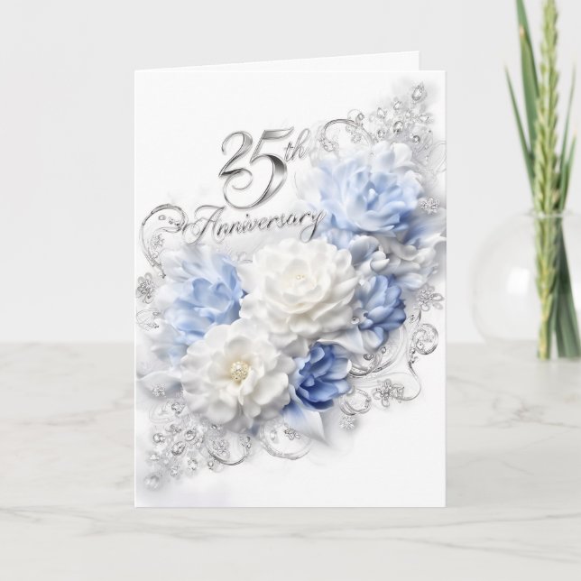 Carte 25th Wedding Anniversary in Silver and Blue (Devant)