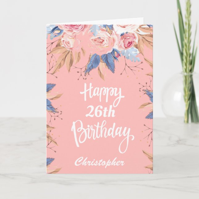 Carte 26e anniversaire Aquarelle Botanique Rose Floral (Devant)