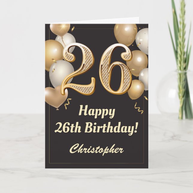 Carte 26e anniversaire Ballons Noir et Or Confetti (Devant)