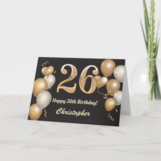 Carte 26e anniversaire Ballons noirs et or Anniversaire (Devant)