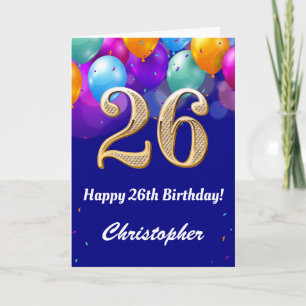 Carte 26e anniversaire Marine Bleu et or Ballons colorés