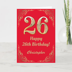 Carte 26e anniversaire Parties scintillant rouge et or