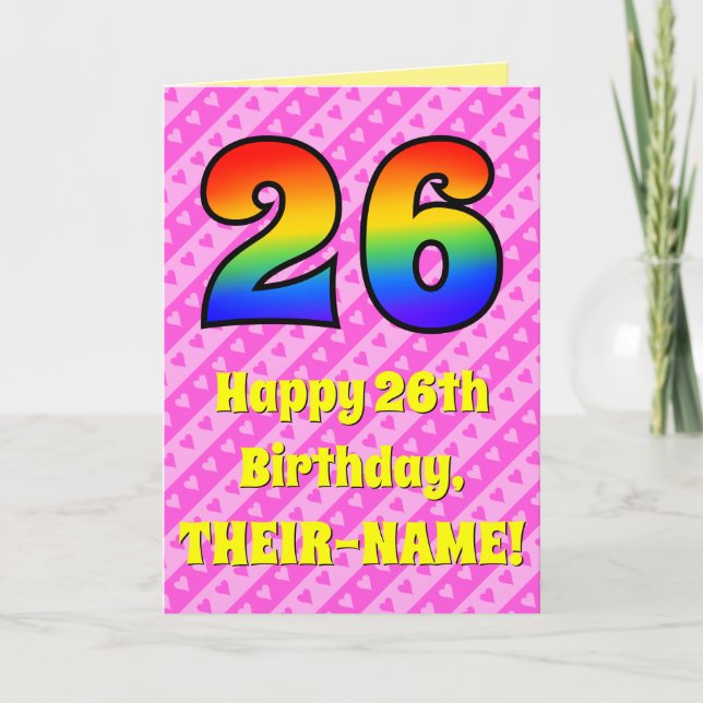 Carte 26e anniversaire : Pink Stripes & Hearts, Arc-en-c (Devant)